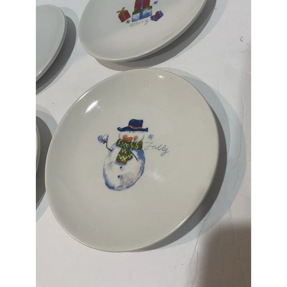 Pier 1 Imports Holiday Appetizer Plates Set Four EUC Christmas Santa Snowman
